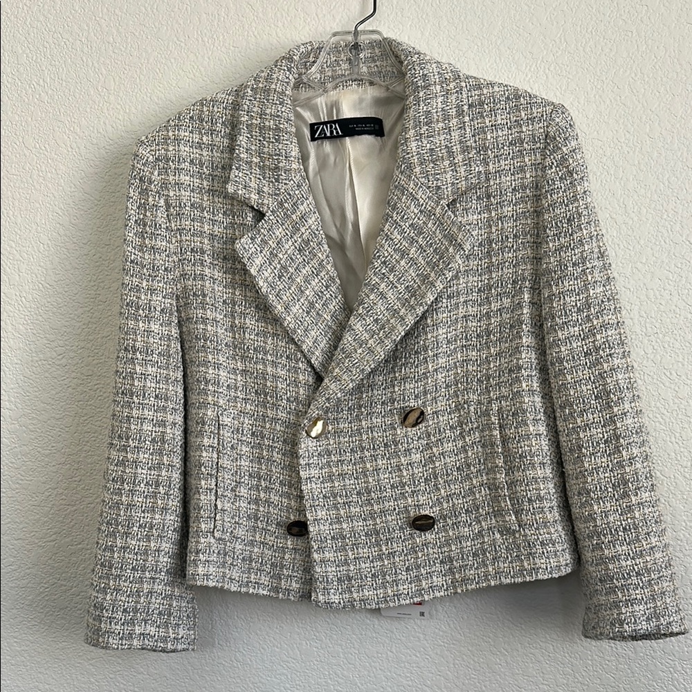 Zara Classic Gray Knit Blazer with Gold Buttons XL